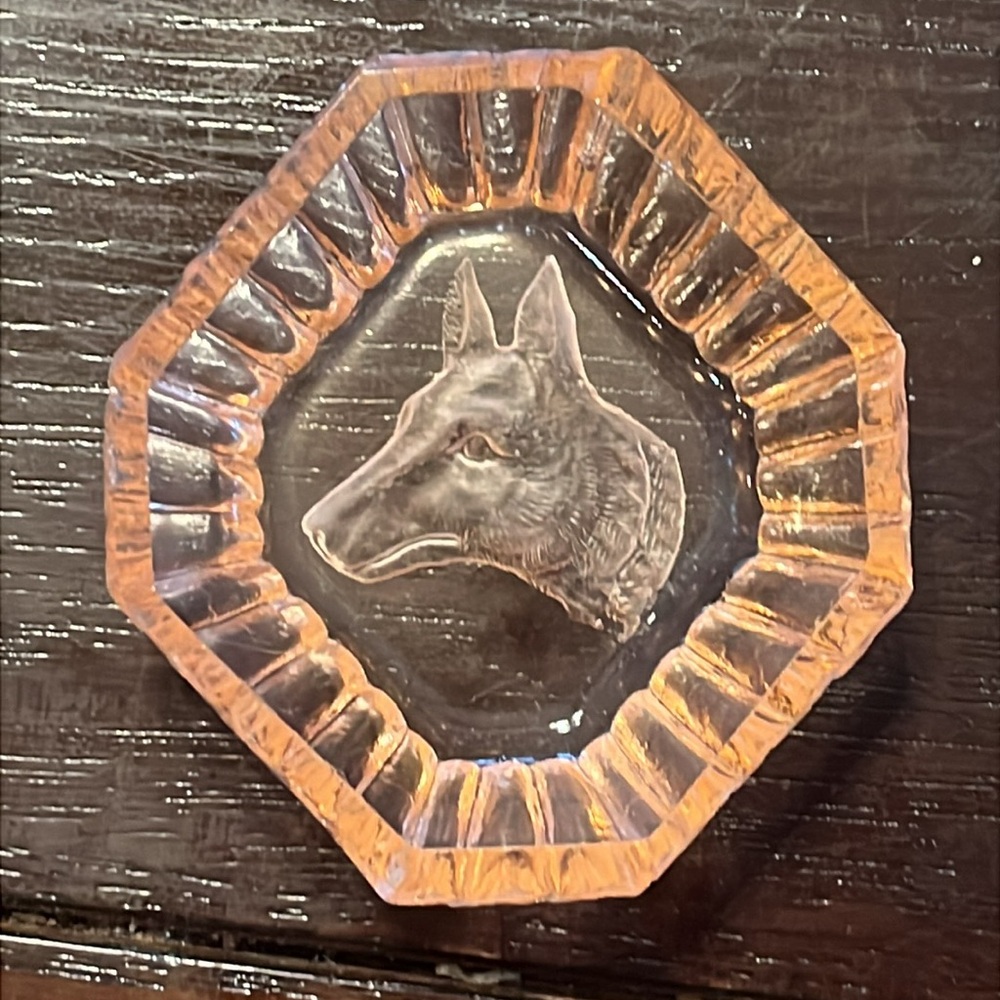 Pink Czech glass Intaglio Etched dog salt dip set